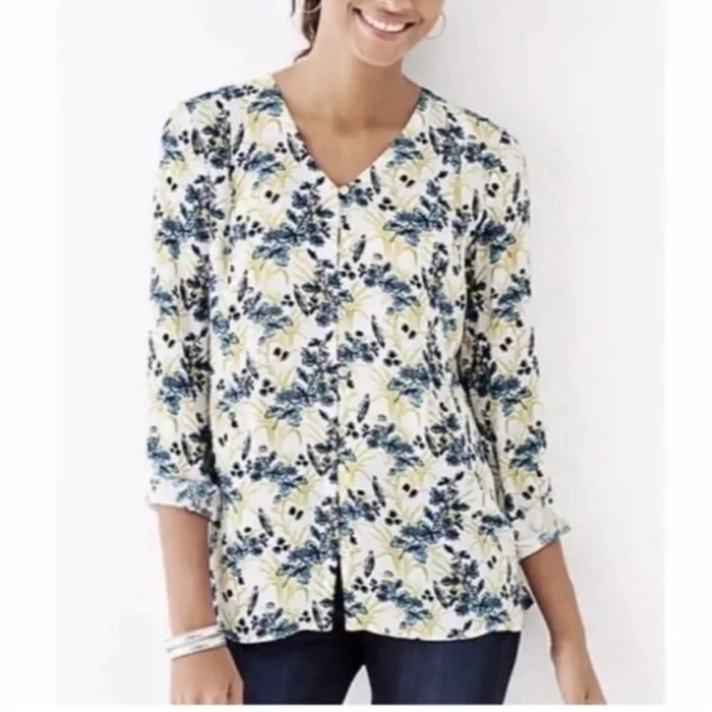 J JILL Blue Yellow Bird Floral V Neck Button Down Top Women’s Small